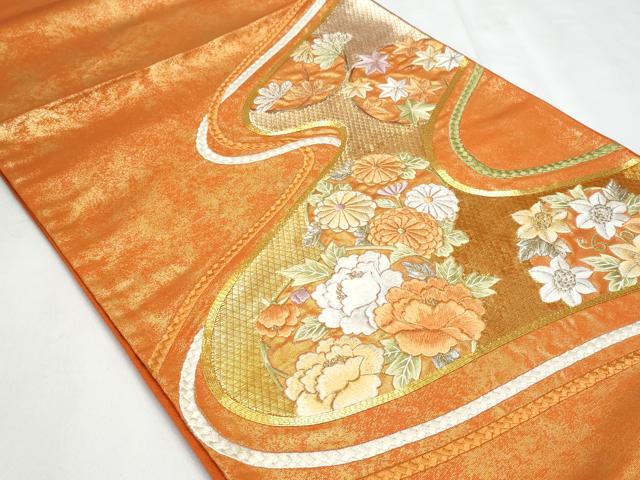 平和屋着物◎六通柄袋帯 駒刺繍 草花丸文 金糸 正絹 逸品 CABC3905fb