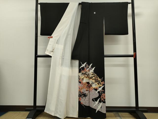 平和屋着物■豪華黒留袖　駒刺繍　扇面飛鶴枝花文　金彩　正絹　逸品　CABD0924ze