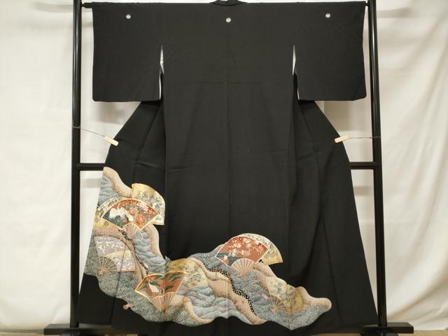 平和屋着物■豪華黒留袖 駒刺繍 流水扇面飛鶴花文 暈し染め 金彩 正絹 逸品 CABC0559ev