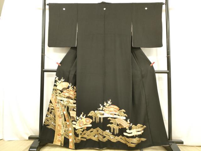 平和屋着物■豪華黒留袖　駒刺繍　舞扇飛鶴梅松文　金彩　正絹　逸品　DABB3872cm