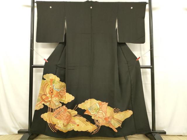 平和屋着物■豪華黒留袖　駒刺繍　扇面花文　金彩　正絹　逸品　DABB3896cm