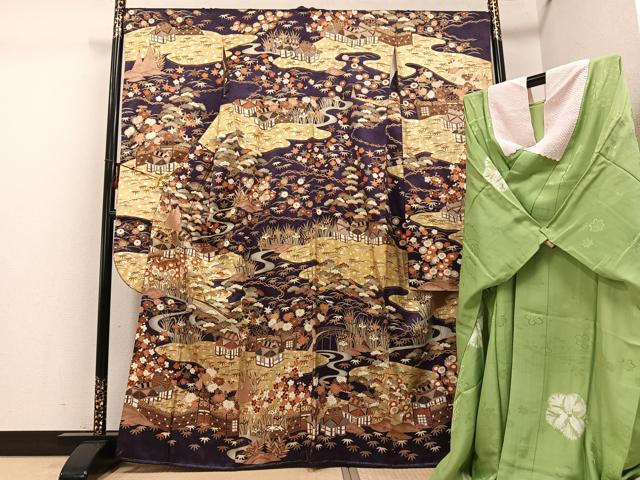 平和屋着物●豪華振袖・長襦袢(無双仕立て)セット　駒刺繍　松竹梅渡り橋風景文　金彩　正絹　逸品　AABG1102ph