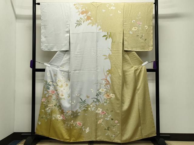 平和屋着物●訪問着 舞蝶花文 蛍暈し 金彩 反端付き 正絹 逸品 未使用 CABC8289gh