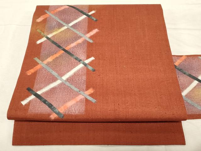 平和屋着物●九寸名古屋帯　紬地　和紙　格子柄　金彩　正絹　逸品　未使用　CABD4183dy