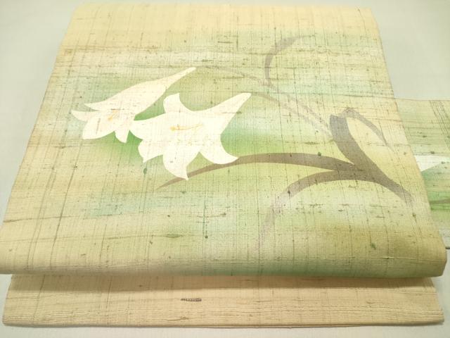 平和屋着物●九寸名古屋帯　生紬　草花　正絹　逸品　DABD0198op