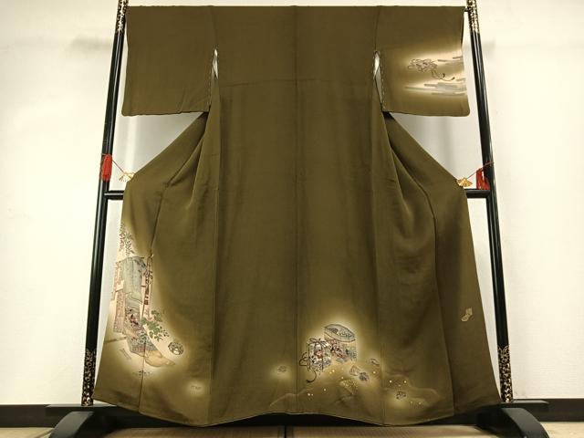 Full-Length Under-Kimono - 平和屋着物●訪問着　手描き　誰が袖人物文　暈し染め　金彩　鬼しぼ縮緬　正絹　逸品　AABG4476fy