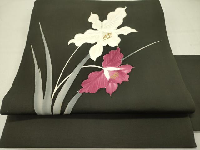 乐天商城 - 平和屋着物●塩瀬　九寸名古屋帯　草花　黒地　金彩　正絹　逸品　DABD0293op