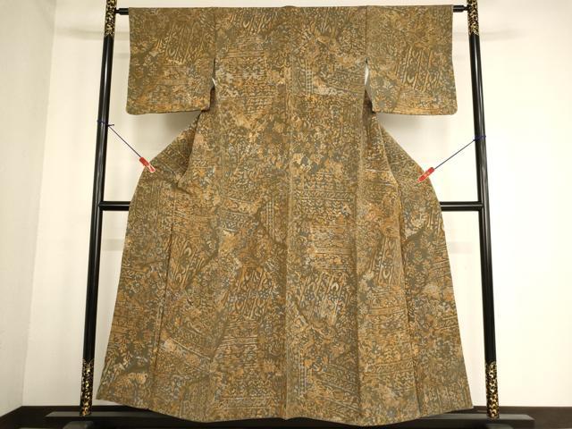 平和屋着物■上質な小紋　切嵌更紗花文　鬼しぼ縮緬　正絹　逸品　AABF2293ja
