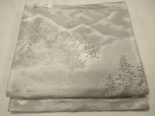 平和屋着物◎六通柄袋帯　遠山草木文　銀糸　正絹　逸品　CABB3587oy