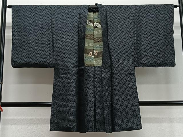 平和屋着物＃男性　長羽織　お召地　籠目文　正絹　逸品　CABD4518ua