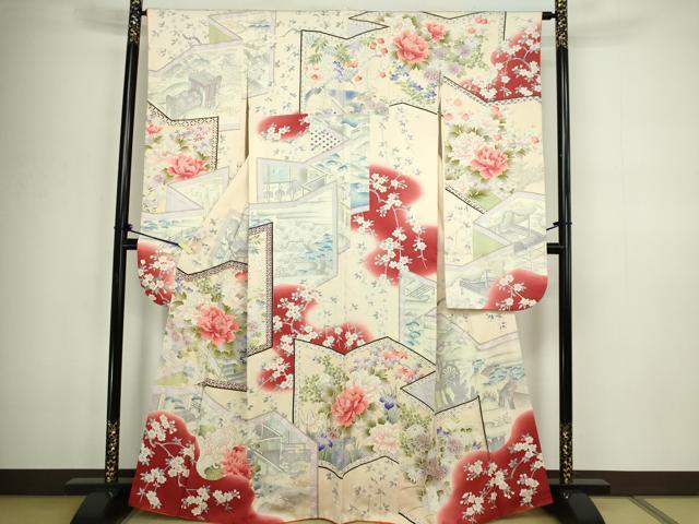 ■■■　サイズ　■■■ 身丈 164.5cm（肩から） 裄丈 64cm 袖丈 98.5cm　縫込み 5cm 袖幅 32.5cm 前幅 23.5cm 後幅 30.5cm 着物縫いこみ 内揚げ 4cm 裄 お袖側 約1cm　身頃側 約1.5cm ■■■　商品詳細　■■■ 【正絹】 状態は画像を添付しておりますので、そちらをご確認下さいますよう宜しくお願い致します。 大変上質な逸品になります。 お安く出品致しますので、是非この機会にいかがでしょうか？ ■■■　注意事項　■■■ ■モニター発色の具合により色合いが異なる場合がございます。 ■寸法は多少の誤差が生じる場合がございますのでご了承ください。 ■縫込みの長さが左右非対称の場合は短い部分を記載しております。 左右非対称であってもご返品・お値引き等の保証は出来かねますので、ご了承の上ご購入をお願い致します。 ■シミ等のチェックには注意を払っておりますが、見落としがある場合もございますし、個人の見解も様々ですので神経質な方のご購入はお控えください。 ■箪笥に入っておりました着物や帯なので畳みシワや匂いがあるものもございます。 ■お休みは基本的に土日祝となりますが、その他臨時でお休みする場合がございますのでご了承ください。 ■商品の発送は平日のみの発送となります。 ■夜間と土曜、日曜日はお問い合わせの回答が遅れる場合がございます。 ■当店では、お直し、紋入れ、お手入れ等は承っておりません。 ■生地の状態（ヤケ、経年劣化等）によってはサイズ直しが出来ない場合がございます。 その点もどうかご了承のうえ、ご購入をお願いいたします。 ■弊社で取り扱う商品は一点ものにつき、時期や在庫状況に応じて金額が変更となる場合がございます。 ■検針は行っておりません。予めご了承いただきますようお願いいたします。 ■【洗える着物】と記載のある商品におきましては、商品お届け後に洗濯を行ってしまってからのご返品にはご対応しかねます。 念の為、専門店でのお手入れをお願いいたします。 ■着物のサイズ目安は下記を参考ください↓ ＜女性着物＞　お端折り次第で＋5cm　−1cmが着用可能サイズ 　例）身丈170cmの場合、身長160cm〜175cm ＜男性着物＞　身丈＋約25cm〜27cm程が適応身長 　例）身丈155cmの場合、身長180〜182cm