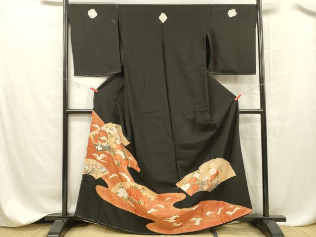 Kimono - 平和屋着物■豪華黒留袖　流水地紙花鳥文　金彩　仮絵羽　正絹　逸品　未使用　DABC8350cm