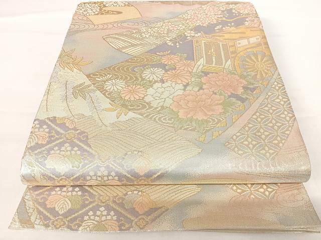 平和屋着物◎佐賀錦　六通柄袋帯　御所車花文　金糸　正絹　逸品　AABA6324yx