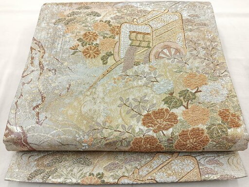 平和屋着物◎六通柄袋帯 扇取御所車文 金銀糸 正絹 逸品 BAAR2822cm 平和屋着物◎六通柄袋帯 扇取御所車文 金銀糸 正絹 逸品 BAAR2822cm