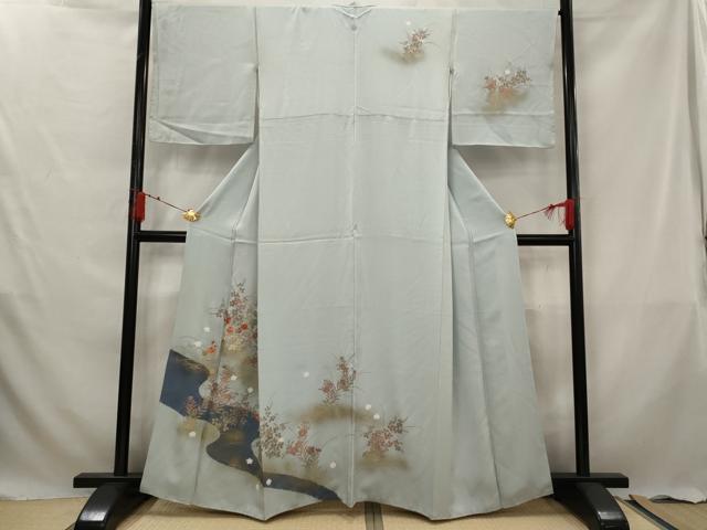 平和屋着物■訪問着　絞り　刺繍　流水草花文　金糸　金彩　正絹　逸品　AABG3047st