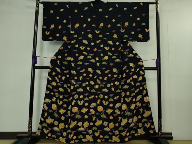 平和屋着物●極上　訪問着　手描き　宝尽くし　黒地　鬼しぼ縮緬　逸品　DZAB4384kh6