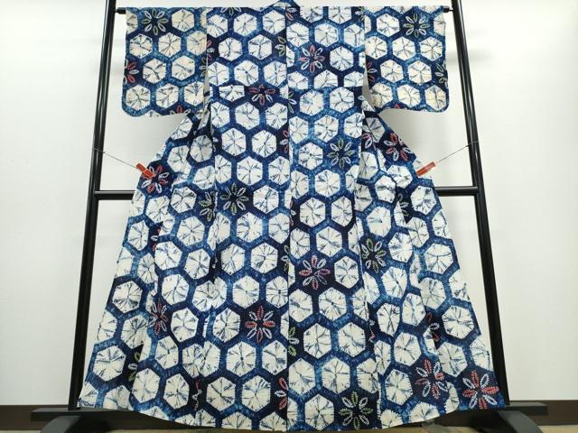 平和屋着物∴夏物　浴衣　有松鳴海絞り　亀甲花文　綿　逸品　CABD2450ng