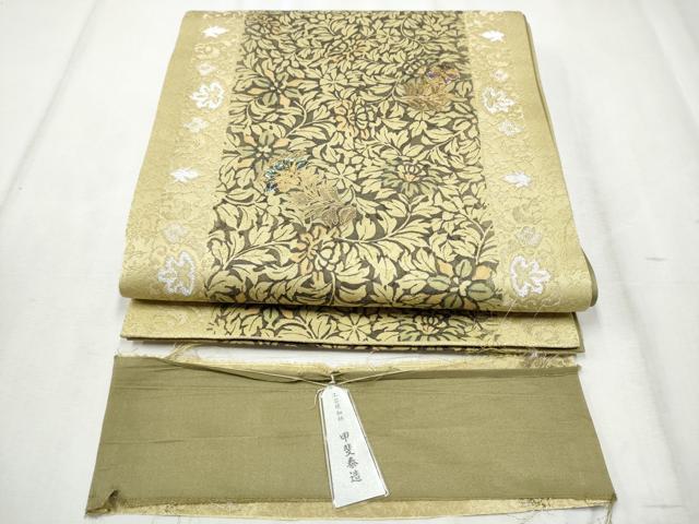 平和屋着物●螺鈿作家　甲斐泰造　全通柄袋帯　草花文　金彩　反端付き　正絹　逸品　未使用　CABD6000hy