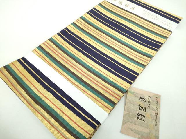 平和屋着物●ひなや工房　くむ・あむ・おる　伊豆蔵明彦　全通柄袋帯　絲綢綴　横段花文　金糸　証紙付き　正絹　逸品　未使用　DABB4921ps
