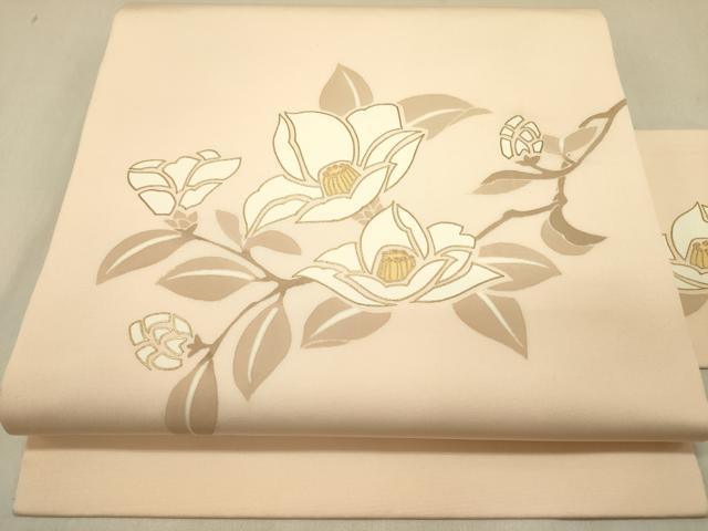 平和屋着物●塩瀬　九寸名古屋帯　草花　金彩　正絹　逸品　DABD0003op