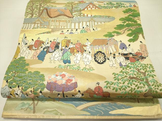 ■■■　サイズ　■■■ 長さ 424cm 幅 30.5cm程 ■■■　商品詳細　■■■ 【正絹】 状態は接写画像のように 柄止まりに薄い汚れがございますが その他特に目立ったシミ汚れなどもなく大変良い状態です。 着用時には見えない部分になるかと思いますのであまり気にならずお召になれるかと思います。 川島織物は明治24年、国内業者で初の宮内省御用達となるなど、 創業以来、技術と品質、独自のデザイン表現力にとことんこだわり続け、 今や、「三本線に軍配マークの川島の帯は最高級」 といわれるトップブランドです。 大変上質な逸品になります。 お安く出品致しますので、是非この機会にいかがでしょうか？ ■■■　注意事項　■■■ ■モニター発色の具合により色合いが異なる場合がございます。 ■寸法は多少の誤差が生じる場合がございますのでご了承ください。 ■縫込みの長さが左右非対称の場合は短い部分を記載しております。 左右非対称であってもご返品・お値引き等の保証は出来かねますので、ご了承の上ご購入をお願い致します。 ■シミ等のチェックには注意を払っておりますが、見落としがある場合もございますし、個人の見解も様々ですので神経質な方のご購入はお控えください。 ■箪笥に入っておりました着物や帯なので畳みシワや匂いがあるものもございます。 ■お休みは基本的に土日祝となりますが、その他臨時でお休みする場合がございますのでご了承ください。 ■商品の発送は平日のみの発送となります。 ■夜間と土曜、日曜日はお問い合わせの回答が遅れる場合がございます。 ■当店では、お直し、紋入れ、お手入れ等は承っておりません。 ■生地の状態（ヤケ、経年劣化等）によってはサイズ直しが出来ない場合がございます。 その点もどうかご了承のうえ、ご購入をお願いいたします。 ■弊社で取り扱う商品は一点ものにつき、時期や在庫状況に応じて金額が変更となる場合がございます。 ■検針は行っておりません。予めご了承いただきますようお願いいたします。 ■【洗える着物】と記載のある商品におきましては、商品お届け後に洗濯を行ってしまってからのご返品にはご対応しかねます。 念の為、専門店でのお手入れをお願いいたします。 ■着物のサイズ目安は下記を参考ください↓ ＜女性着物＞　お端折り次第で＋5cm　−1cmが着用可能サイズ 　例）身丈170cmの場合、身長160cm〜175cm ＜男性着物＞　身丈＋約25cm〜27cm程が適応身長 　例）身丈155cmの場合、身長180〜182cm