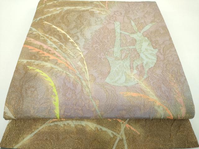 平和屋着物●両面 太鼓柄袋帯 作家物 ふくれ織 餅つき 兎 芒 十五夜 お月見 金通し地 正絹 逸品 未使用 DABD1116ps