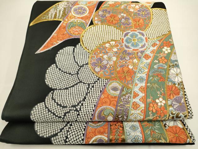 平和屋着物●六通柄袋帯　唐織　慶長絢爛文　黒地　金糸　正絹　逸品　DABD2234du