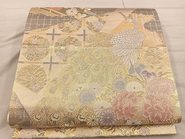 平和屋着物◎六通柄袋帯　孔雀花文　プラチナ二重箔　正絹　逸品　未使用　BAAX4342mz