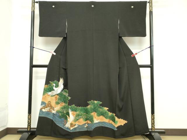 平和屋着物■豪華黒留袖　刺繍　飛鶴松文　暈し染め　金彩　正絹　逸品　DAAY3692cd