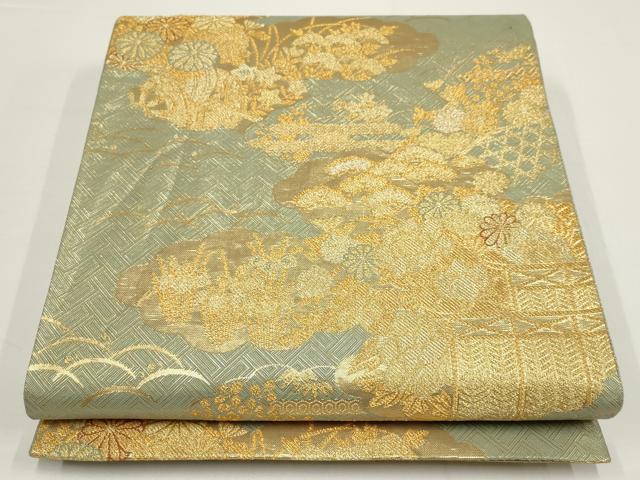 平和屋着物▼佐賀錦　六通柄袋帯　四季山水図文　金糸　正絹　逸品　AABA1647wj