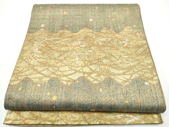 特選 無形文化財 牛首紬 手織 全通 茶系色 袋帯 A783-15 【中古】 本場牛首紬 袷 訪問着 着物 石川県指定無形文化財 手織り 手染め 淡茶