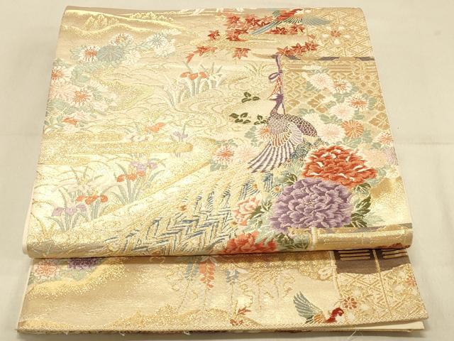 平和屋着物◎六通柄袋帯　唐織　大奥絵巻　流水花鳥文　金糸　正絹　逸品　DAAX0642jm