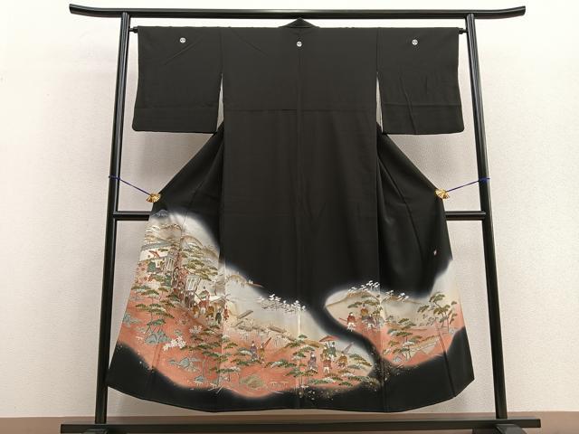 メンズ襦袢　作家もの　富士山　松　舟　身丈137　裄68　正絹　着物　024tz 長襦袢 男長襦袢 男性用長襦袢 メンズ 正絹 グレー 風景 富士山 身丈