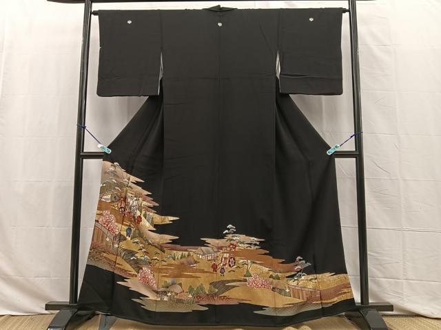 平和屋着物■豪華黒留袖　駒刺繍　御所車人物風景文　金彩　正絹　逸品　BAAS0489sa