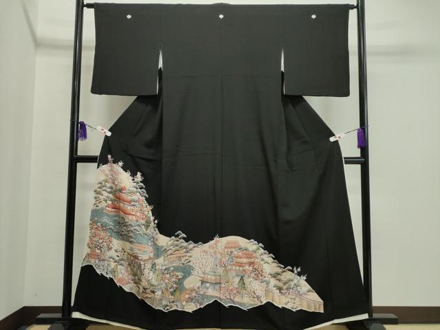 黑留袖 - 平和屋着物■豪華黒留袖　駒刺繍　風景文　金彩　正絹　逸品　CAAP1906ze