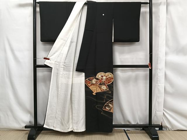 平和屋着物■豪華黒留袖　駒刺繍　扇面舞花文　金彩　正絹　逸品　CAAP9216xi