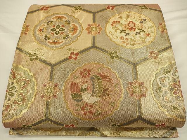 平和屋着物◎六通柄袋帯　亀甲花鳥丸文　金糸　正絹　逸品　CAAV3317ft