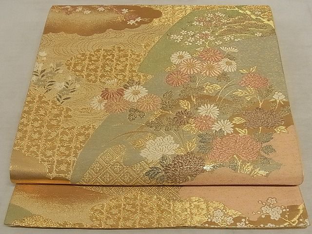 平和屋着物◎六通柄袋帯 唐織 扇面四季の彩文 金糸 正絹 逸品 AAAI4647Asx