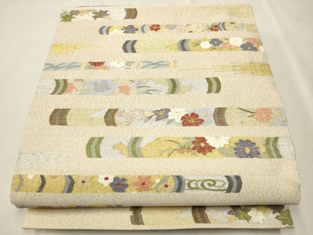 平和屋着物●六通柄袋帯　綴れ　横段草花文　金銀糸　正絹　逸品　CAAU9259hy