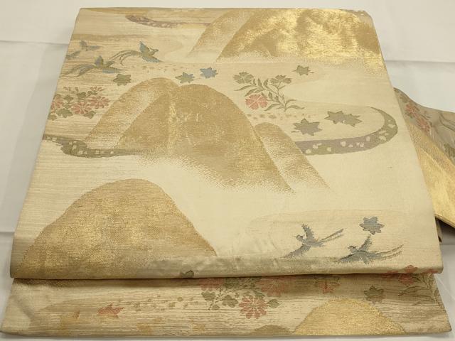 平和屋着物◎九寸名古屋帯　重ね山花鳥文　金糸　正絹　逸品　AAAN7249ou 1