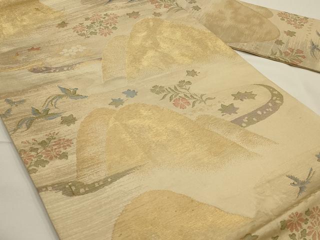 平和屋着物◎九寸名古屋帯　重ね山花鳥文　金糸　正絹　逸品　AAAN7249ou 2