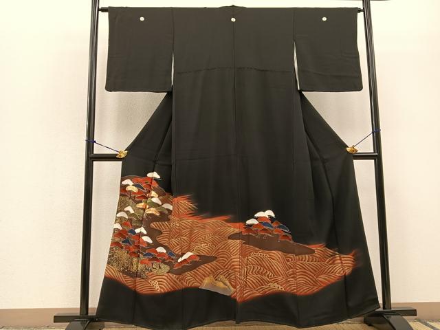 Kurotome - 平和屋着物■豪華黒留袖　駒刺繍　浜松文　金彩　正絹　逸品　BAAN2993hv