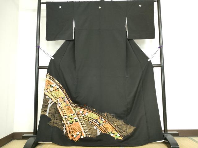 Kurotome - 平和屋着物■豪華黒留袖　駒刺繍　渡橋吉祥花文　金彩　正絹　逸品　DAAI8943az