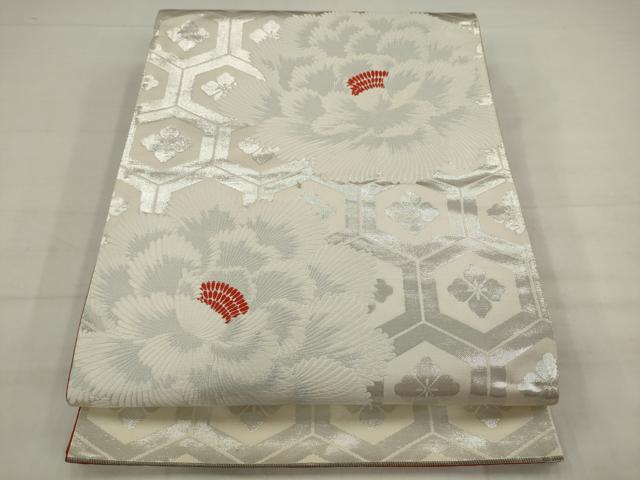 平和屋着物◎六通柄袋帯 唐織 亀甲花文 銀糸 正絹 逸品 AABJ7144pf