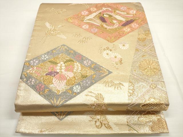 平和屋着物◎六通柄袋帯 唐織 菱飛鶴花文 金糸 正絹 逸品 DABC5663xg