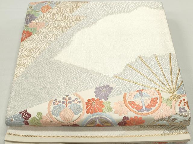 平和屋着物◎六通柄袋帯　唐織　扇面花文　金糸　正絹　逸品　DABC9134qa