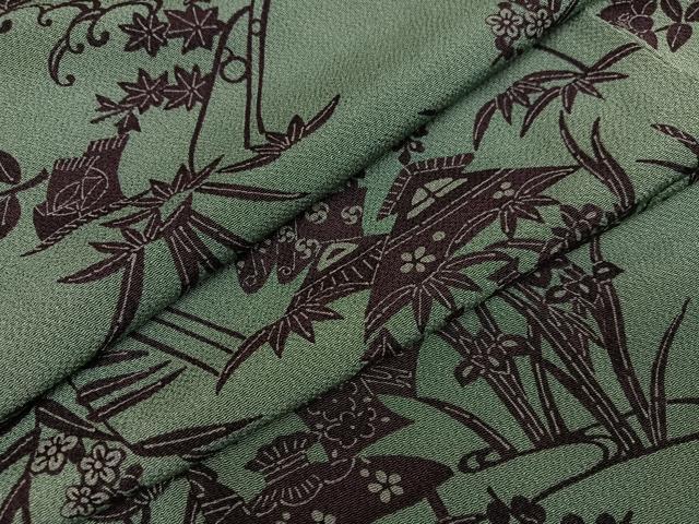 乐天商城 - 平和屋着物●上質な小紋　型染め　草花文　鬼しぼ縮緬　正絹　逸品　AABG4875ph