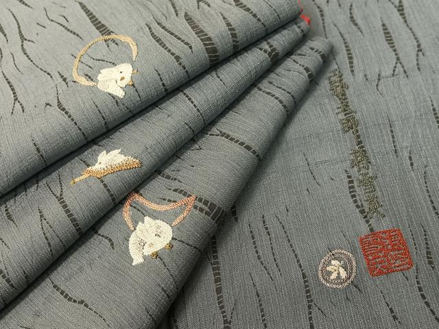 平和屋着物●中国人間国宝　将雪英　中国三大刺繍　相良刺繍　紬　杢目絞り　月兎　金糸　ロング丈　正絹　逸品　CABD8059vp