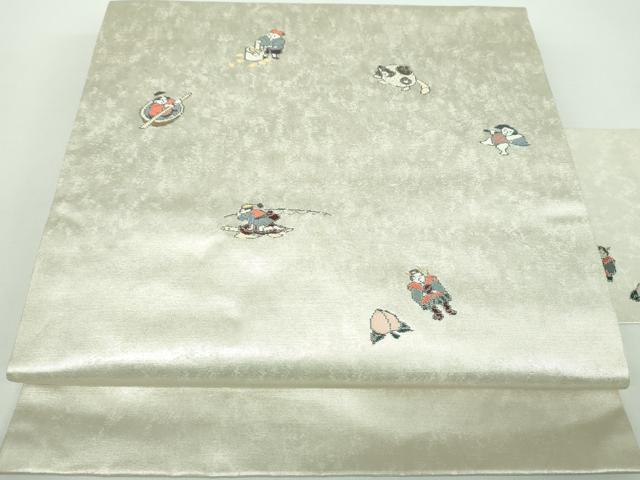 平和屋着物●九寸名古屋帯　日本昔話　桃太郎　一寸法師　金銀糸　引箔　正絹　逸品　DABB4793ps