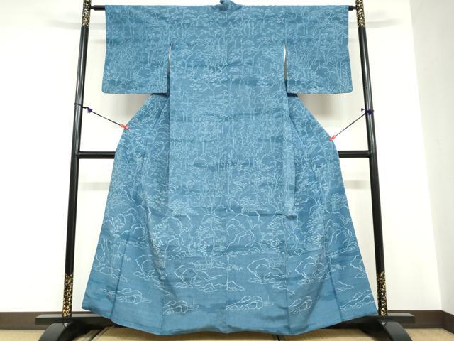 平和屋着物●訪問着　お召地　藍　型染め　風景樹林文　正絹　逸品　DABC2089ud